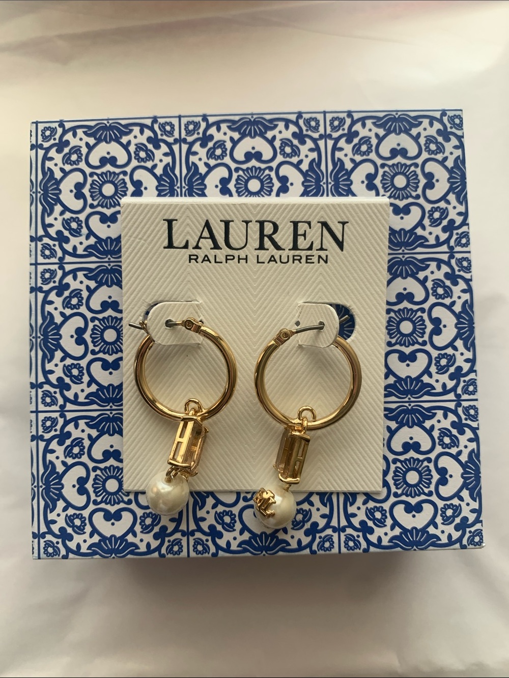 Lauren Ralph Lauren Gold Hoop Earrings with Pearl Drop and Barrel Charm